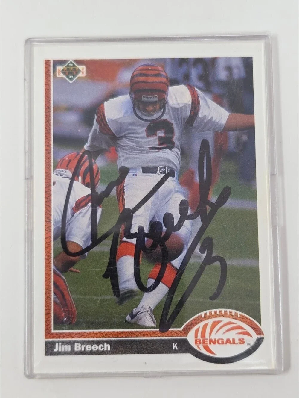 1991 Upper Deck Jim Breech Bengals Signed Football Card Kicker Auto NFL